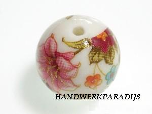 Japanese Acrylic bead 12mm White with Flowers